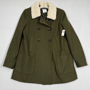 Old Navy Peacoat Women Small Petite Wool Blend Double Breasted Sherpa Collar NWT